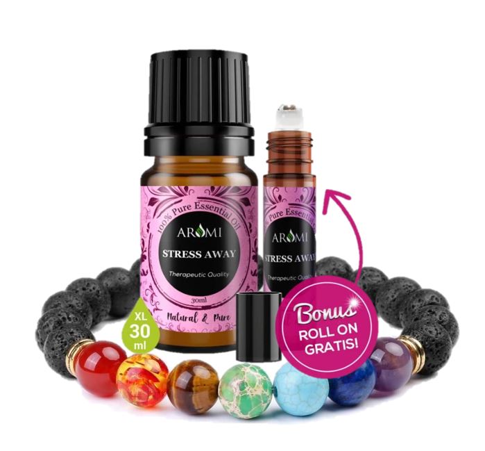 Chakra lava-armband met het relaxerende Aroma Stress-Away XL (30ml) en gratis Roll-On (10ml)